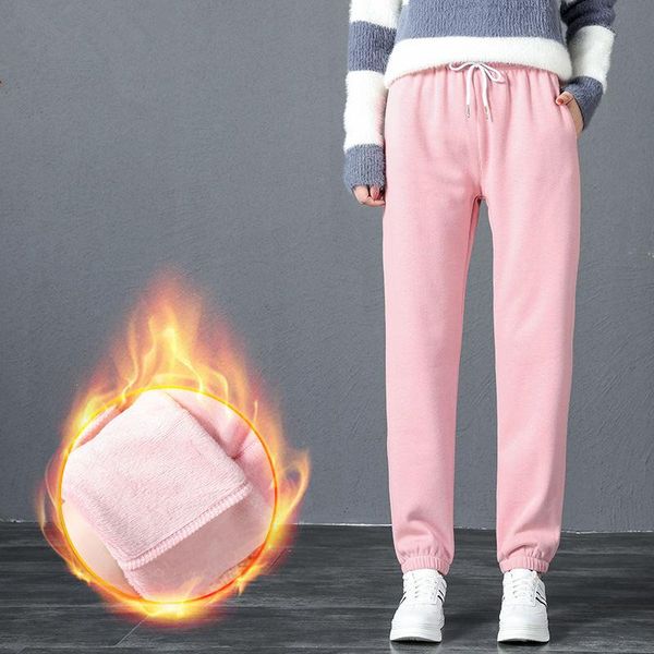 

women's pants & capris plus velvet thicken winter harajuku style elastic waist warm women casual pink trousers long sweatpants c5997, Black;white