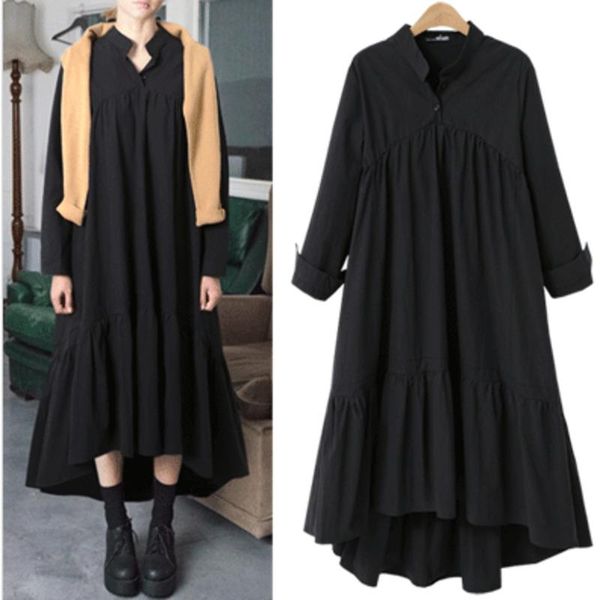 

women long-sleeved cotton and linen stand collar loose irregular hem dress e1149 casual dresses, Black;gray