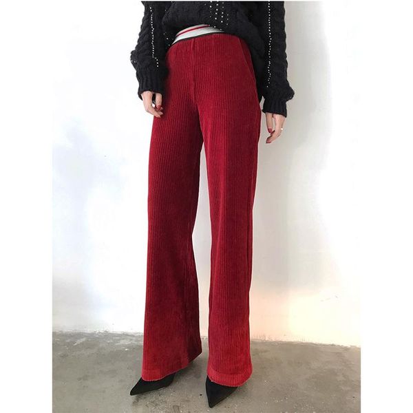 

women's pants & capris 2021 design fall winter 4 colors solid elastic waist wide leg thick casual trousers corduroy long high quality, Black;white