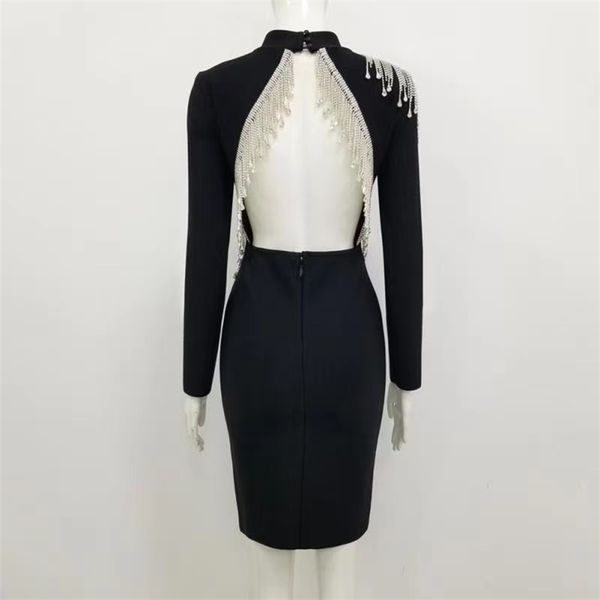 

women new bandage autumn whiter bodycon dress beading party club celebrity elegant long sleeve backless clothes, Black;gray