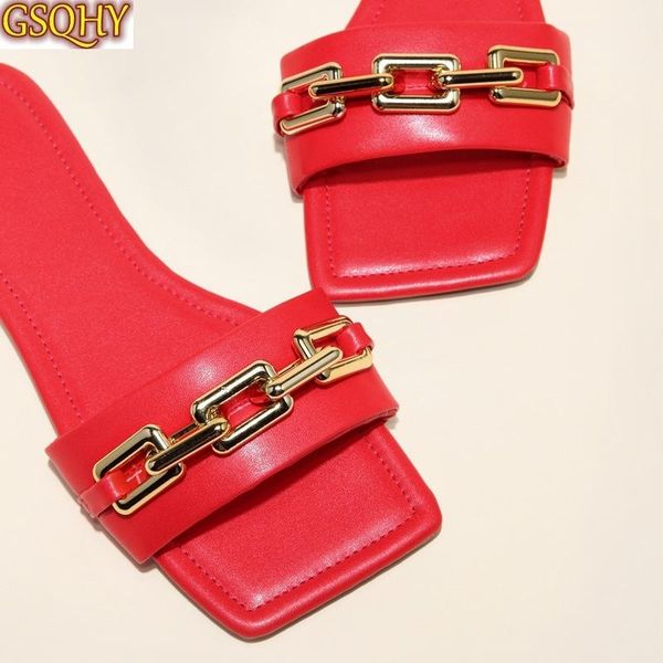 

brand design gold chain women slipper closed toe slip on mules shoes square head low heels casual slides flip flop slippers, Black