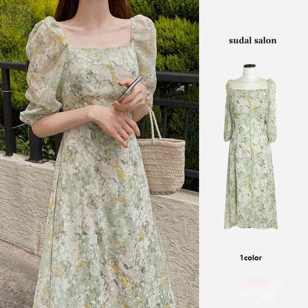 

women's jackets summer elegant vintage french green floral bandge long dress women slim party holiday beach vestido robe d3ja, Black;brown