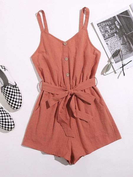 

button front wide leg belted cami romper c5hy#, White