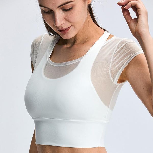 

yoga outfit summer i-shaped back women's sports fake two-piece net yarn patchwork breathable quick-drying shirt with chest pad