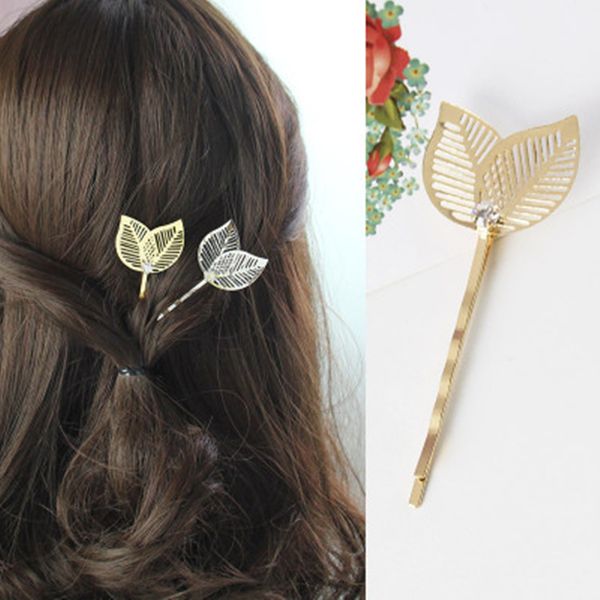 

striped hollow gold leaf pin hair ornament exquisite one word clip, Golden;silver
