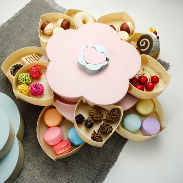 

dishes & plates double layer snack box candy petal-shape rotating tray dried fruit plate storage organizer with mobile phone holder