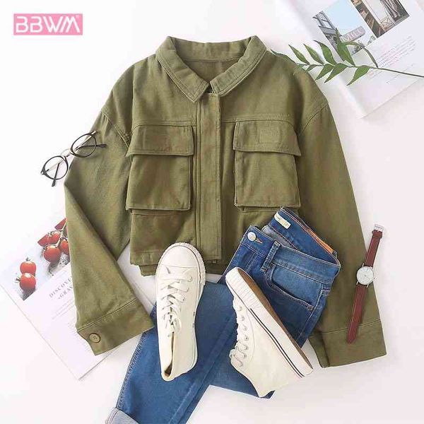 

army green wild slim short zipper lapel long sleeve chic women's jacket korean casual sports female coat 210507, Black;brown