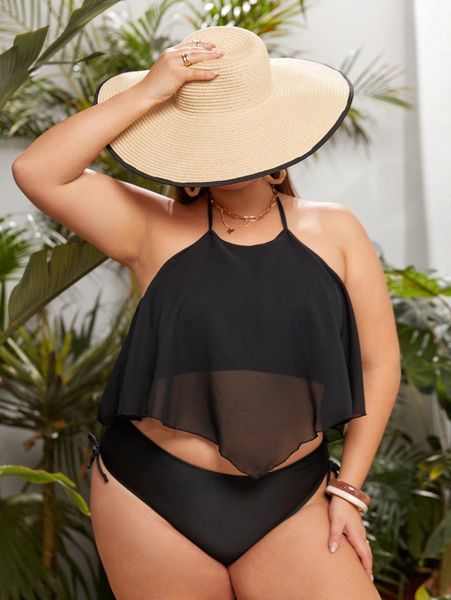 

plus hanky hem bikini swimsuit b78i#, Black