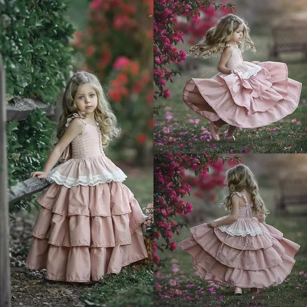 

lovely pink flower girl dresses spaghetti satin lace tiered skirts floor length country toddlers kids party dress princess for wedding, White;blue