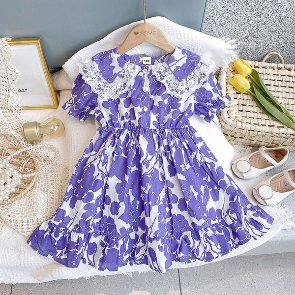 GOOPORSON Летние детские платья для девочек Фиолетовый цветок кружевной воротник с коротким рукавом платье принцессы Vestidos мода детский костюм Q0716