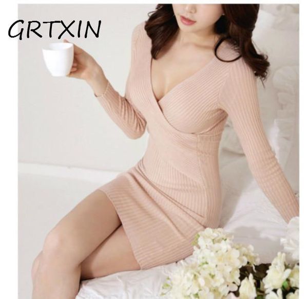 

casual dresses autumn women knitted cotton skinny sweater v-neck slim hip packaged soft dress pink vestidos female high quality, Black;gray