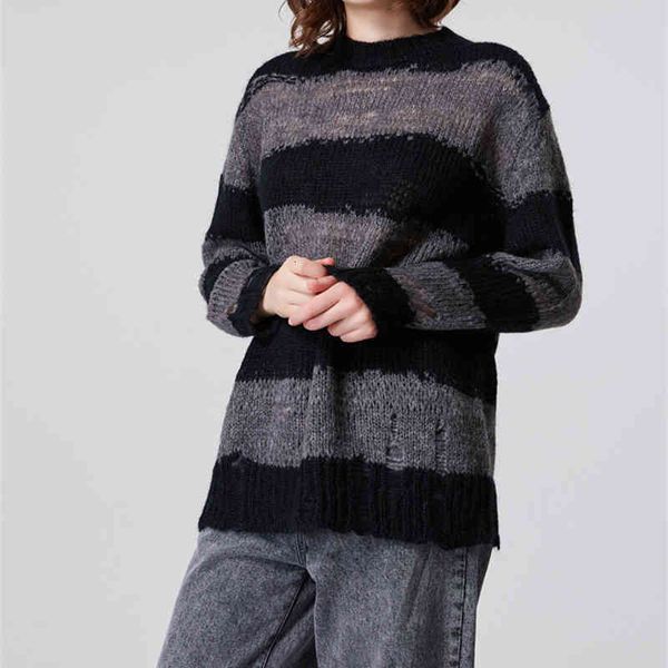 

women's sweaters early autumn new women casual o-neck stripes loose long sleeve hole ladies hollow out pullover knitwear lwni, White;black