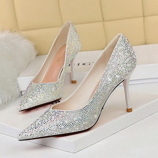 

dress shoes bigtree korean style women pumps thin high heels party crystal bling wedding low cut slingback ladies stiletto, Black