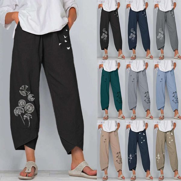 

summer dandelion butterfly print linen casual slacks, Black;white
