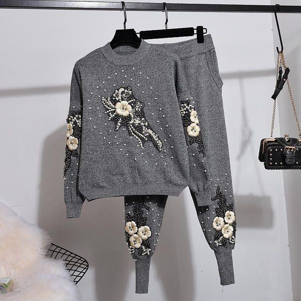 

autumn winter knit set women fashion beading flower long sleeve knitted sweater + casual small feet pants two piece women's tracksuits, Gray