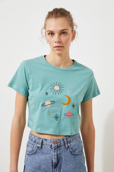 

trendyol embroidered crop knitted t-shirt twoss21ts1619 women's, White