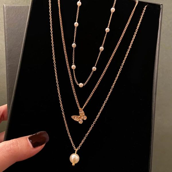 

chains 2021 korean arrival cute zircon butterfly choker necklace for women multi layer pearl short collares jewelry kolye, Silver