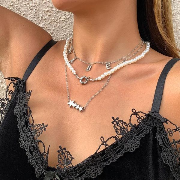 

chokers trendy cute babe letters with crystals pendant charming multilayer pearls star necklace for girls women daily clavicle, Golden;silver