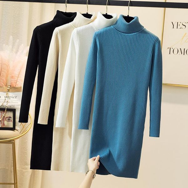 

long turtleneck knitted women sweater dresses solid elastic slim all match lady elegant buttoming casual, Black;gray