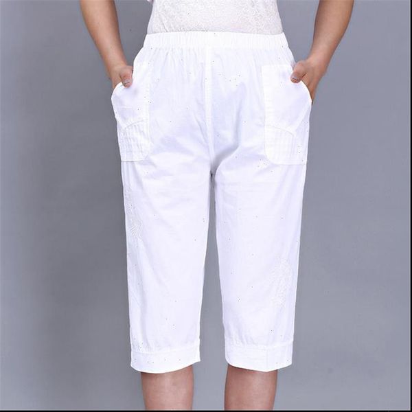 

women capri woman spring plus size 100% cotton pants female summer oversized thin trousers elastic waist capris lady knee length, Black;white