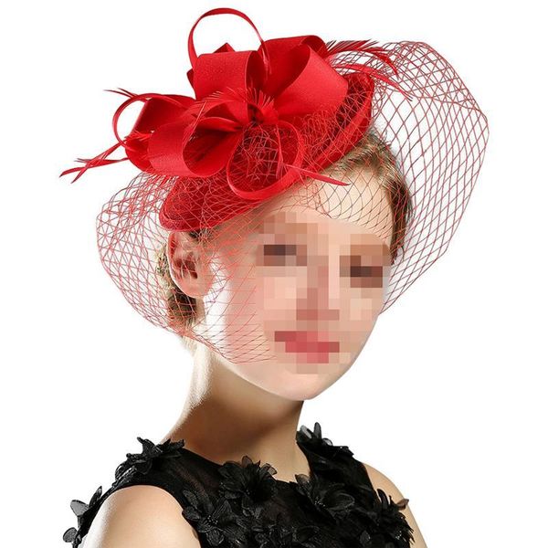 Cappelli da festa Cappello di piume fatto a mano Accessori per abiti da sera Copricapo floreale Ornamenti per capelli in rete per donna Ragazza rossa