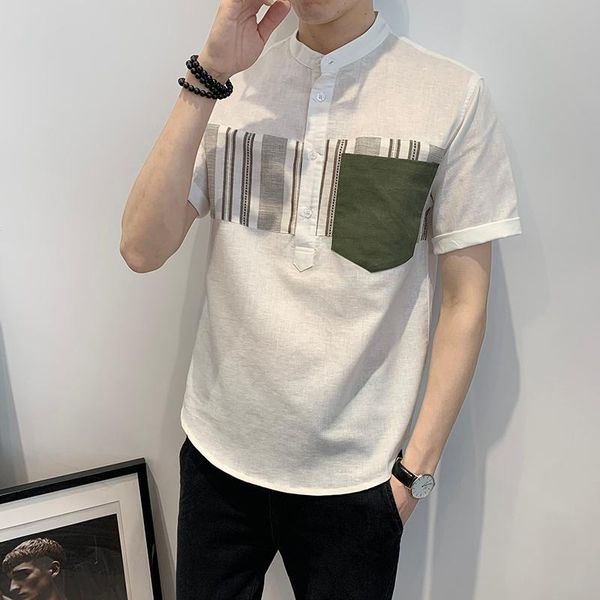 

men's casual shirts summer short sleeve men linen stand-up collar shirt streetwear business formal dress camisas para hombre, White;black
