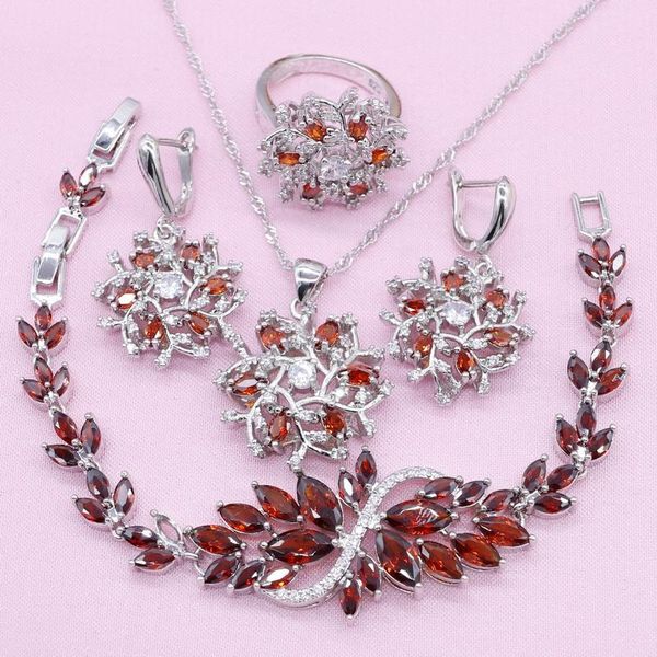

wedding jewelry sets red zirconia 925 silver for women marquise bracelet earring pendant necklace ring bridal birthday gift box, Slivery;golden