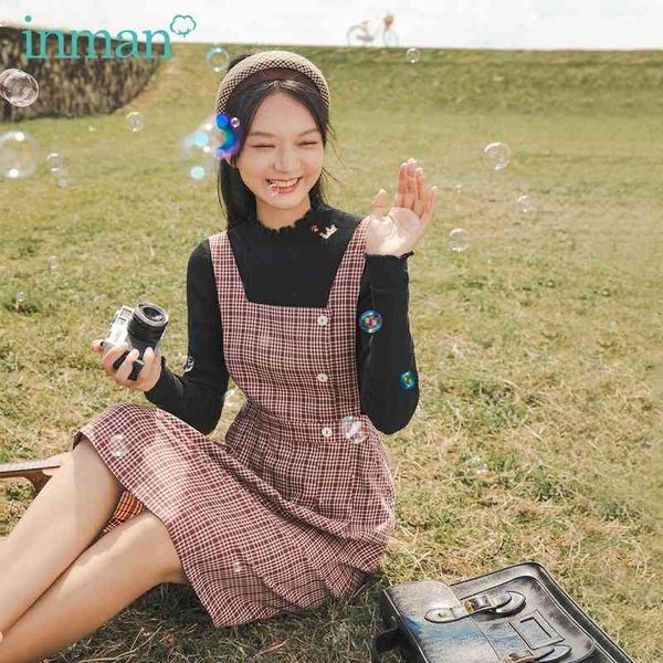 

dress autumn winter check square collar literary decorative buckle pleated waist a-line dress qk80, Black;gray