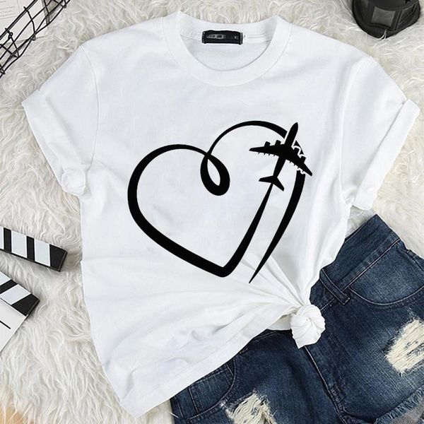 

tshirt heartbeat plane love print tees short-sleeve harajuku aesthetics women t shirt funny fashion brand casual women's t-shirt, White