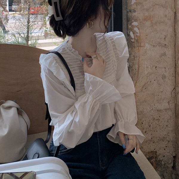 

Sweet plied women's blouse with long flare 2021 spring shirt autumn support pullover's neck, White
