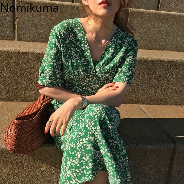 Nomikuma verde floral impresso vestidos mulheres v pescoço manga curta estilo coreano vestidos mujer slim cintura vestido de verão robe femme 210514