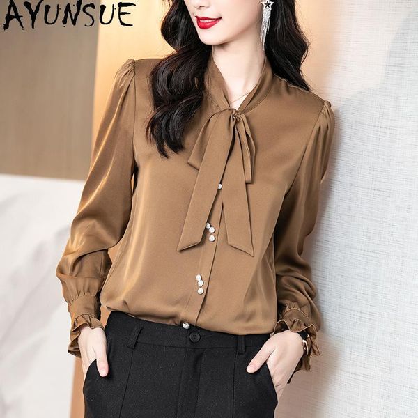 

100% silk blouse black shirt women long sleeve female korean style womens and blouses spring 2021 ropa mujer 13 women's & shirts, White