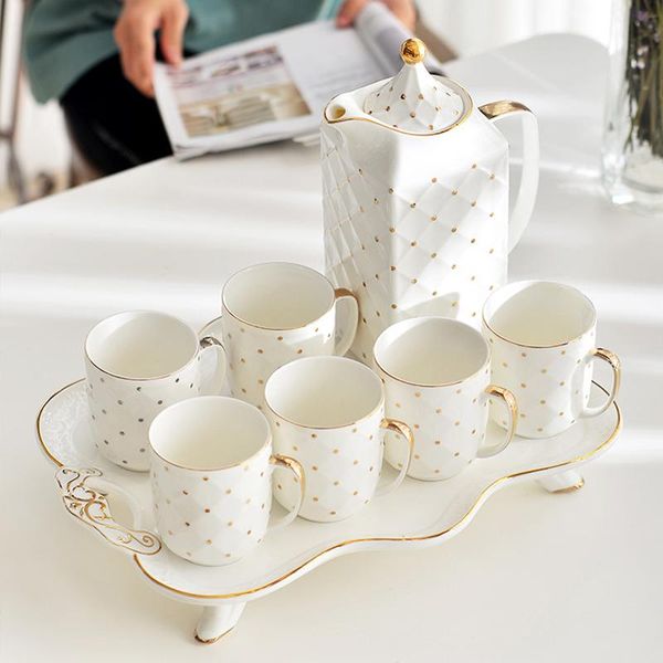 

mugs 8pcs luxury white porcelain coffee or tea set with gold dots ceramic teapot storage tray kitchen tableware home collection decor