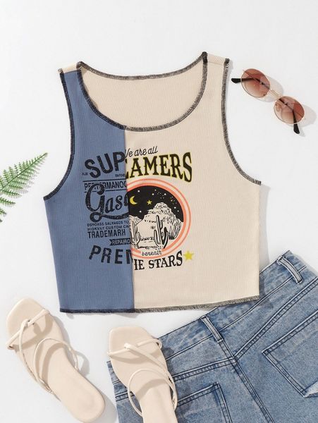 

letter & cactus print stitching tank l4kc#, White