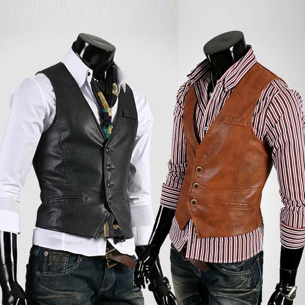 

men's vests lugentolo vintage faux leather vest men fall winter british slim single-breasted v neck clothing, Black;white