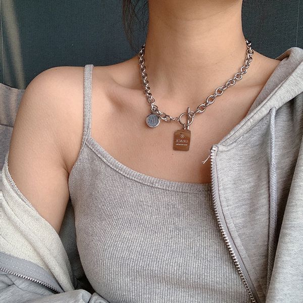 

budrovky hip-hop punk thick chain square letter pendant necklace clavicle chain short men and women jewelry dropshippingdio chan contact, Silver