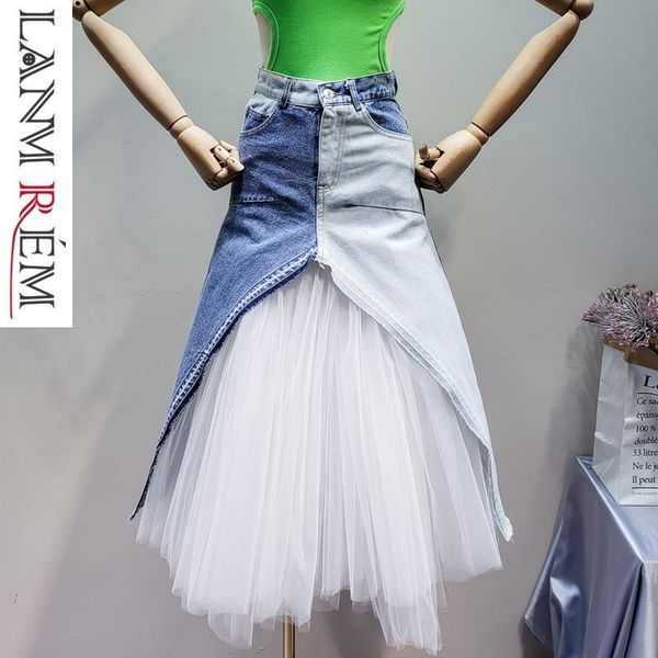 

skirts lanmrem 2021 summer thin women clothes denim contrast colors high waist and a-line mesh two pieces wg14205l, Black