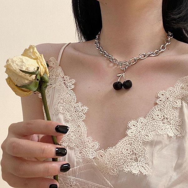 

huatang fashion black cherry pendant necklace for women silver color clavicle chain female party jewelry collares on the neck necklaces