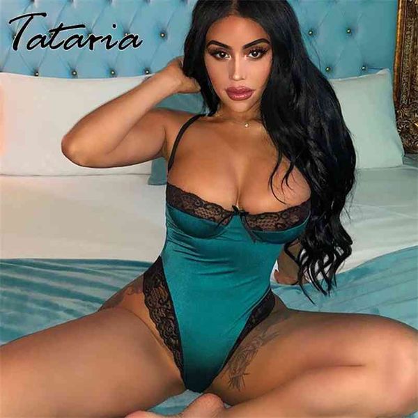 

club party bodysuits skinny lace patchwork satin bodysuit backless jumpsuit slim women 210514, Black;white