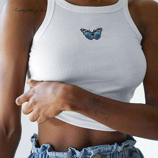 

women's tanks & camis fashion women butterfly embroidery crop slim fit summer camisole casual tank vest sleeveless female blusas, White