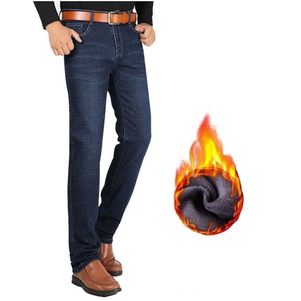

winter fleece lengthen jeans 190cm-200cm tall men's extended edition jeans men long 120cm high stretch thick warm straight jeans 210319, Blue