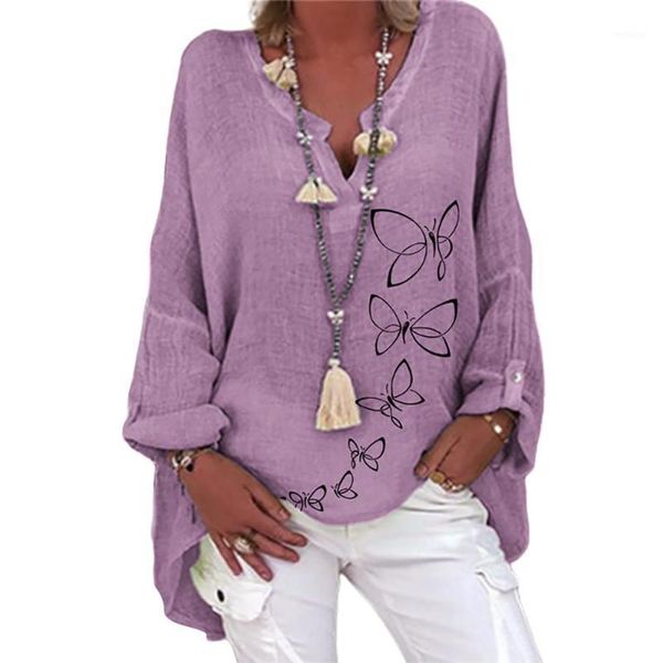 

women casual long sleeve v neck butterflies print button loose blouse shirt women's blouses & shirts, White