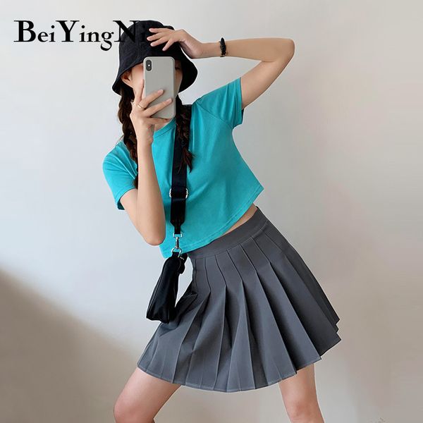 

cropped female kawaii young harajuku short sleeve summer t-shirts womens solid casual korean tshirts girls 210427, White