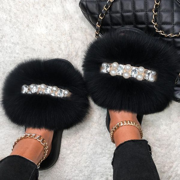 

slippers plush flip flops pearl chain real fur slides for women fluffy summer sandals furry female flat home shoes, Black