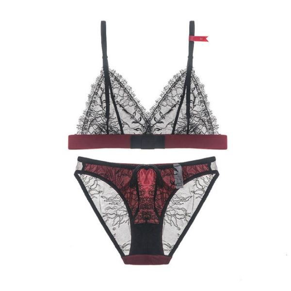 

bras sets women underwear lingerie set bralette eyelash lace embroidery ultra-thin cup contrast color lenceria femenina bra and panty, Red;black