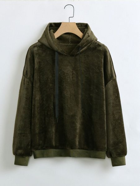 

plus drop shoulder drawstring flannel hoodie x5rw#, Black