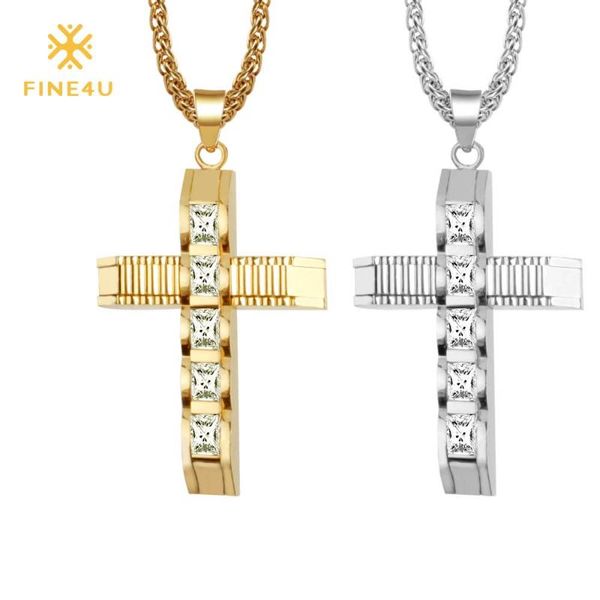 

pendant necklaces fine4u n079 cross necklace for men women 316l stainless steel chain 2021 crucifix charm men's jewelry, Silver