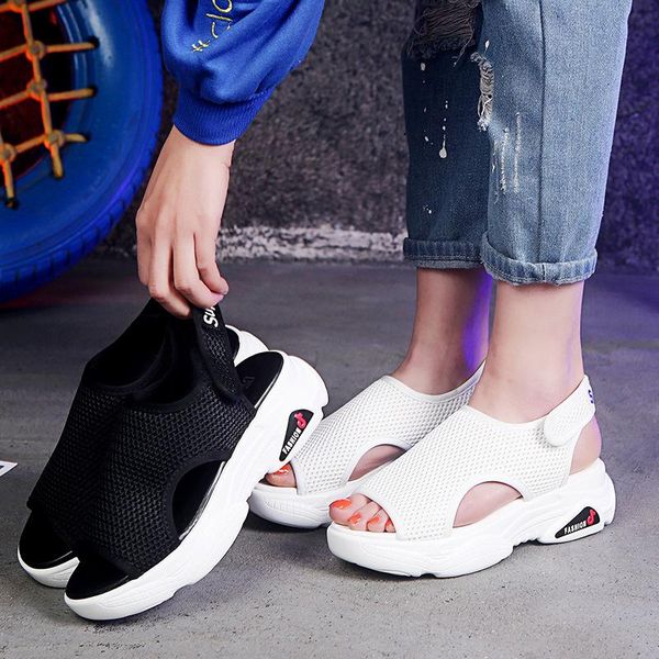 

concise sport platform women sandals ankle strap open toe beach ladies solid outdoor shoes, Black