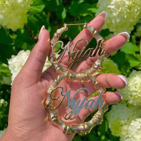 

customize name earrings stainless steel bamboo hoop earrings bamboo style custom hoop women earring with statement words number 210924, Golden;silver