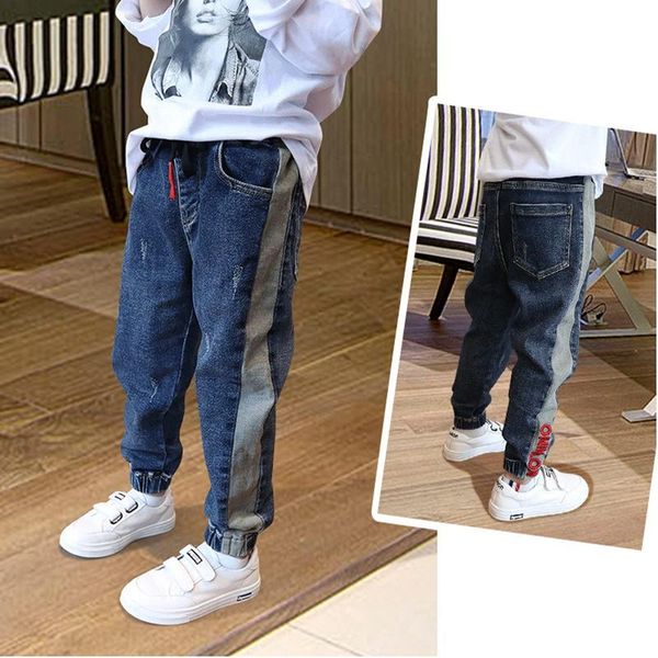 

jeans boys' fashion in 2021 spring and autumn season with solid color letter printed pants boys casual leather belt, Blue